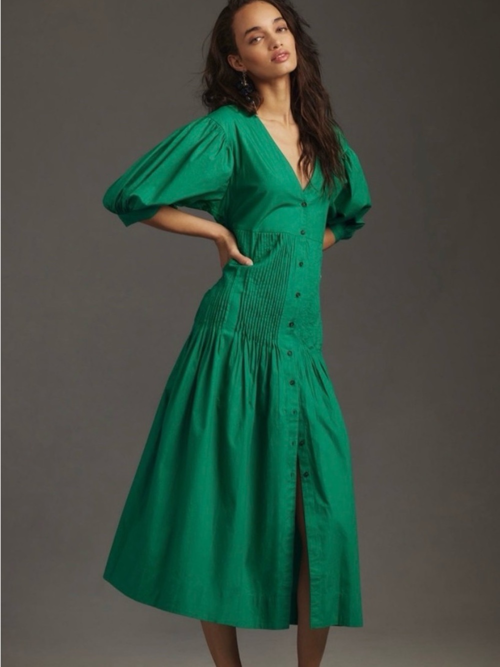 Anthropologie Emerald Green Midi Dress with Button Front